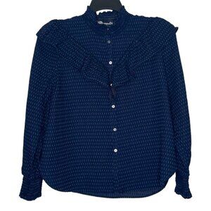 LOFT Womens Blouse Size Small Mock Neck Elastic Cuffs Ruffles Long Sleeves Blue